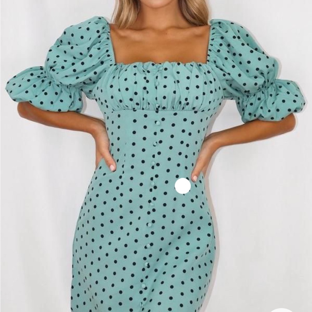 Misguided sage polka dot puff sleeve skater dress